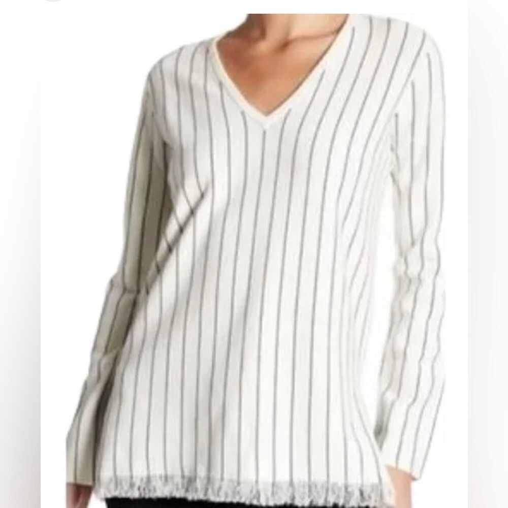 Theory Hayden O Reverie V-Neck Stripe Fringe Pullover Sweater small